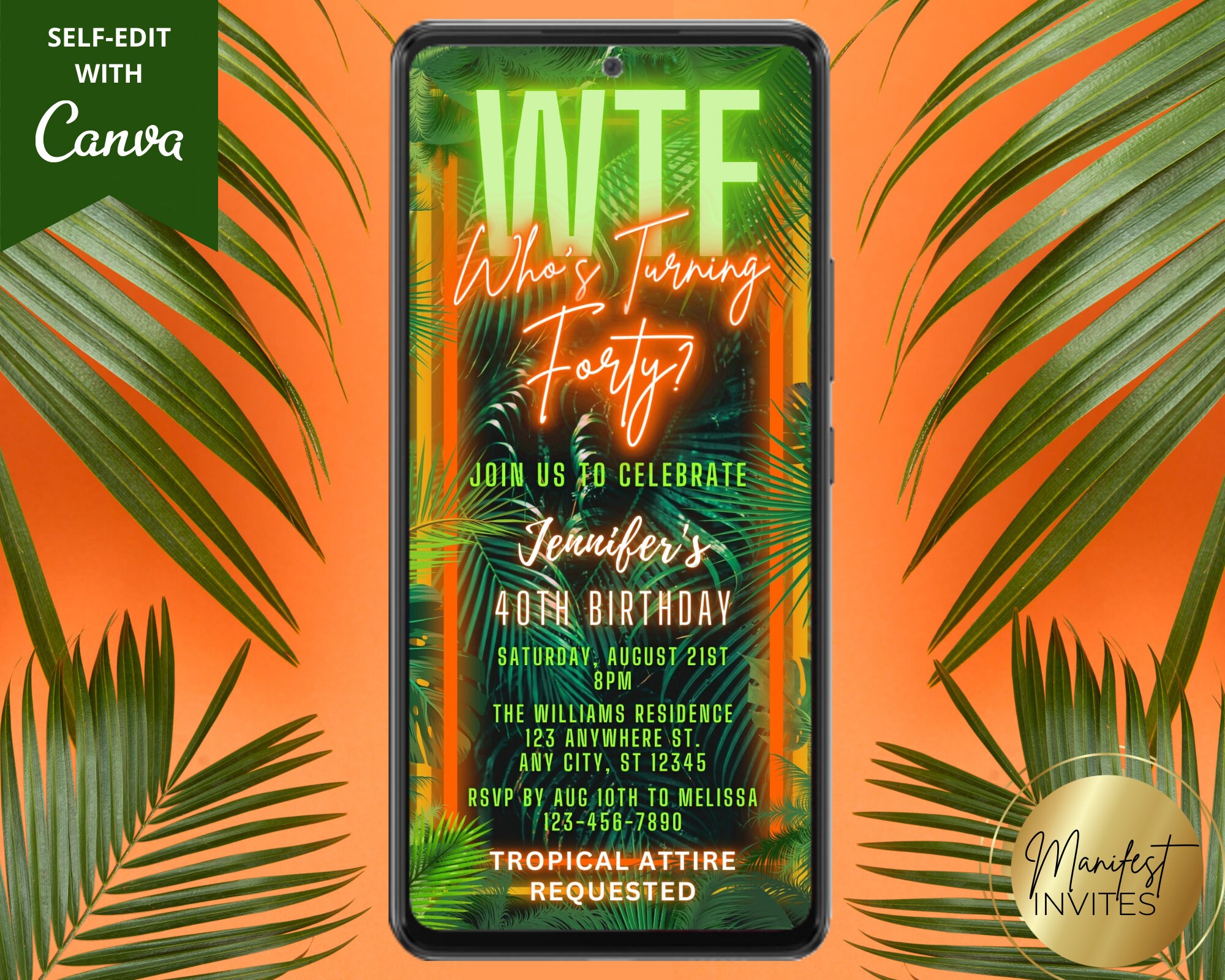 Digital Tropical WTF Forty 40th Birthday Party Invitation, Jungle