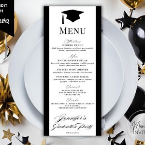 Editable Modern Graduation Black White Dinner Menu Card Template, Custom DIY Event Dinner Party Menu Card, Canva Template, Instant Download
