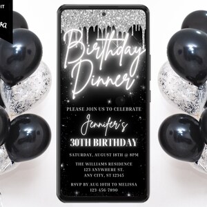 Digital Birthday Dinner Party Neon Silver Glitter Drip Invitation, Electronic Phone Text Email Evite, Editable Template, Instant Download