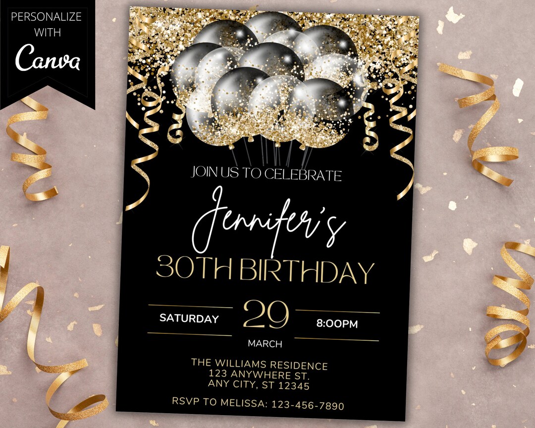 Editable Black Gold Glitter Balloons Birthday Party Invitation ...