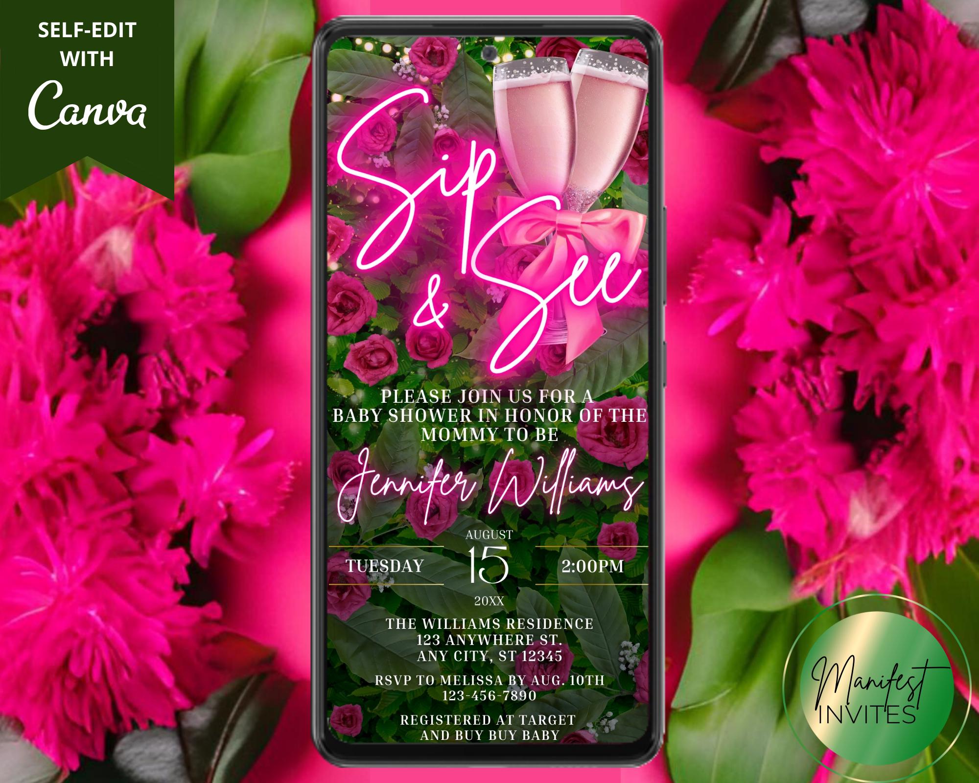 Digital Sip and See Girl Baby Shower Spring Invitation, Pink Neon Floral Greenery, Text Evite, Editable Template, Instant Download, PF01