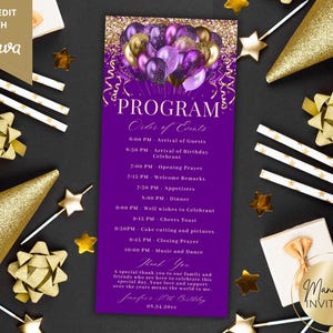 Pode incluir: Um programa de aniversário roxo com detalhes dourados e um design de balões. O programa inclui a ordem dos eventos, com o texto "PROGRAMA" no topo. O texto "SELF-EDIT WITH Canva" está no canto superior esquerdo.