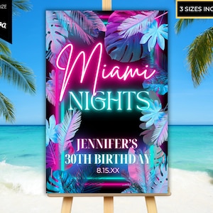 Cartel de bienvenida de cumpleaños editable "Noches Tropicales de Miami", póster imprimible, decoración para fiestas, plantilla editable, descarga instantánea, PTT2