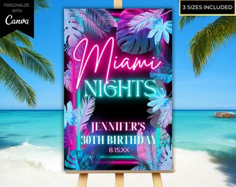 Editable Tropical Miami Nights Birthday Welcome Sign, Printable Birthday Poster Sign, Party Decor, Editable Template, Instant Download, PTT2