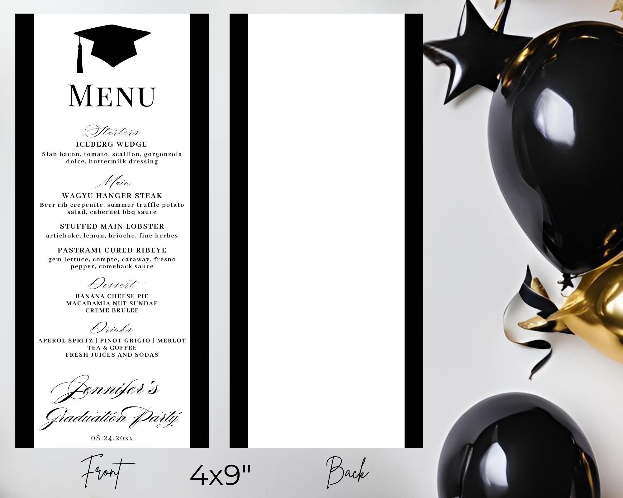 Editable Modern Graduation Black White Dinner Menu Card Template ...