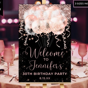Printable Rose Gold Glitter Balloons Welcome Sign, Birthday Party Sign, Graduation Sign, Entrance Sign, Editable Template, Instant Download