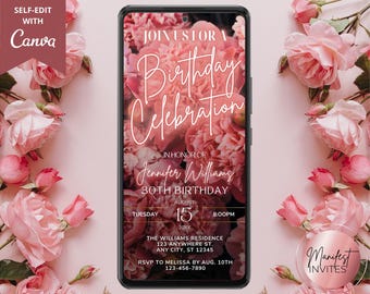 Digital Blush Pink Floral Birthday Celebration Party Invitation, For Her, Electronic Phone Evite, Editable Template, Instant Download, BP74