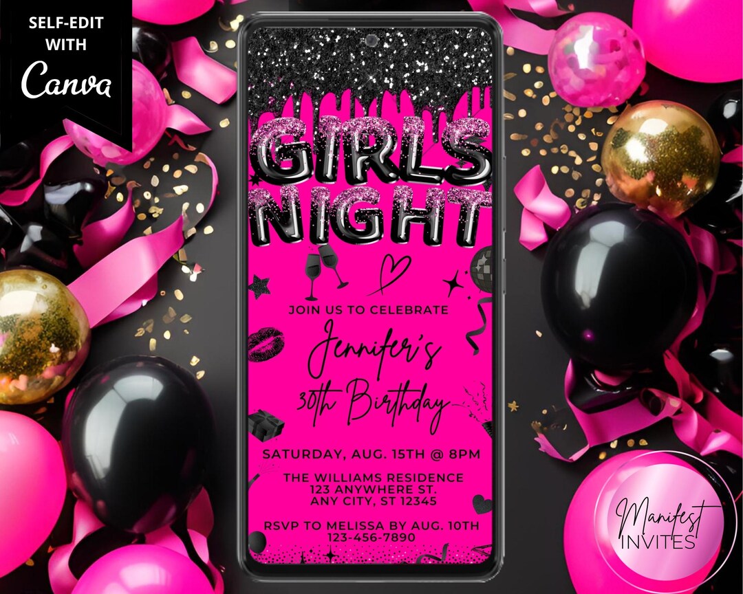Digital Girls Night Pink Black Glitter Glam Birthday Party Invitation ...
