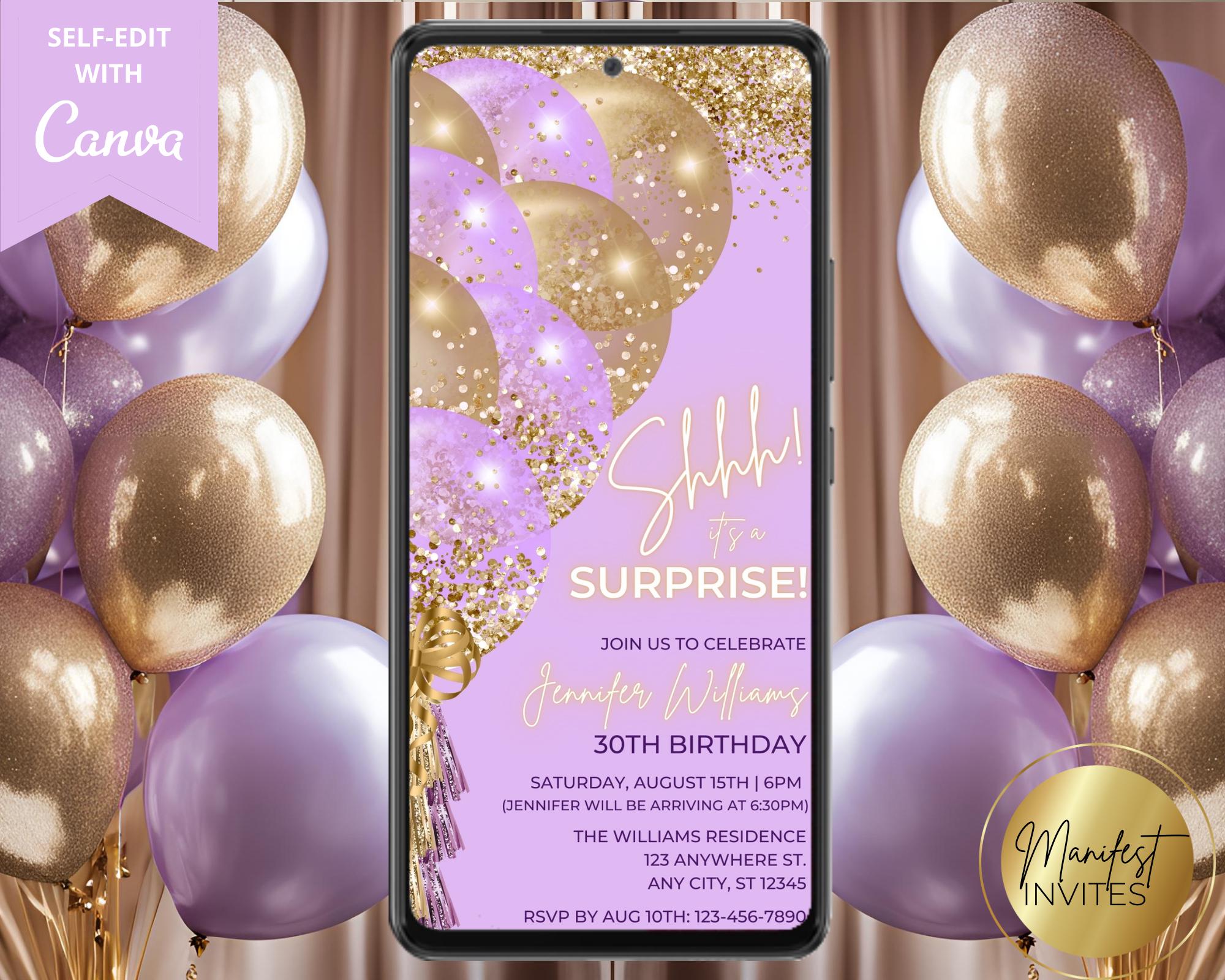 Digital Shhh It's a Surprise Lavender Purple Gold Balloons Birthday Party Invitation, Electronic Evite, Editable Template, Instant Download
