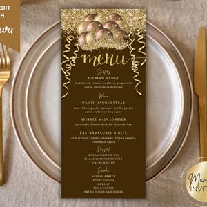 Bewerkbare brons-gouden glitterballonnen diner menukaart verjaardag, afdrukbare evenementmenu- en drankjekaart, bewerkbare sjabloon, direct downloaden