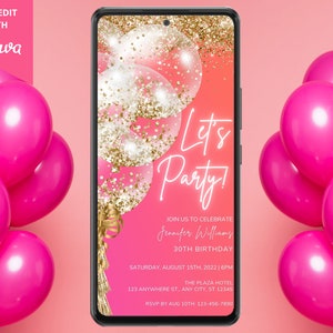 Digital Pink Orange Gold Glitter Balloons Birthday Party Invitation, Electronic Phone Text Email Evite, Editable Template, Instant Download