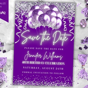 Plantilla editable de invitación para guardar la fecha con globos de neón, purpurina plateada y morada, tarjeta imprimible y texto para teléfono de Evite, descarga instantánea.