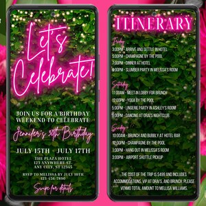 Digital Let&#39;s Celebrate Birthday Party Weekend Invitation Template, Itinerary Schedule Phone Evite, Pink Neon Greenery, Instant Download