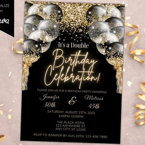 Editable Adult Joint Birthday Party Invitation, Double Birthday Party Invite, Printable, Black Gold, Editable Template, Instant Download