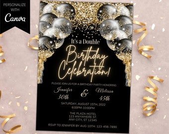 Editable Adult Joint Birthday Party Invitation, Double Birthday Party Invite, Printable, Black Gold, Editable Template, Instant Download