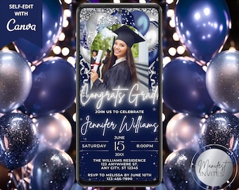 Digital Graduation Party Photo Invitation, Navy Blue Silver Balloons, Congrats Grad, Phone Text Evite, Editable Template, Instant Download