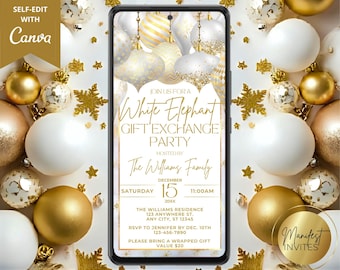 Digital Elegant White Elephant Gift Exchange Christmas Holiday Party Invitation, White Gold, Text Evite, Editable Template, Instant Download