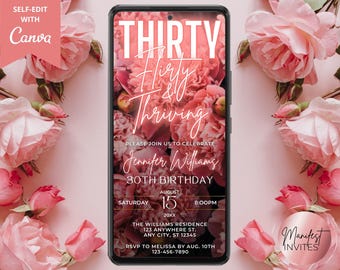 Digital Thirty Flirty Thriving 30th Birthday Party Invitation, Blush Pink Neon Floral, Text Evite, Editable Template, Instant Download, BP74
