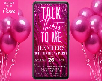 Digital Talk Thirty To Me 30th Birthday Pink Neon Animal Print Glitter Invitation Template, Electronic Phone Text Evite, Instant Download