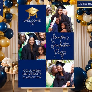 Plantilla de foto editable de letrero de bienvenida para fiesta de graduación en azul y dorado moderno, decoración para fiesta de graduación, letrero de entrada imprimible, descarga instantánea