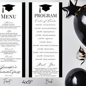 Editable Modern Graduation Black White Dinner Menu Card and Program ...