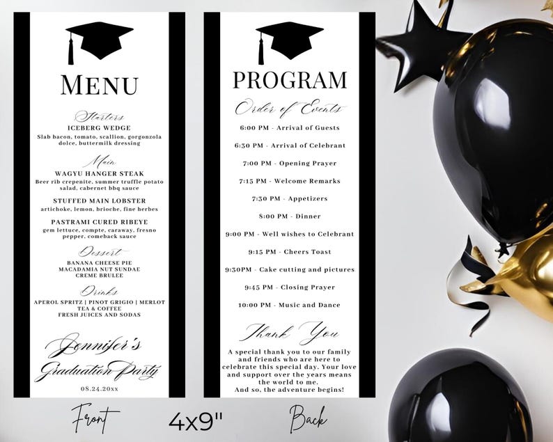 Editable Modern Graduation Black White Dinner Menu Card and Program ...
