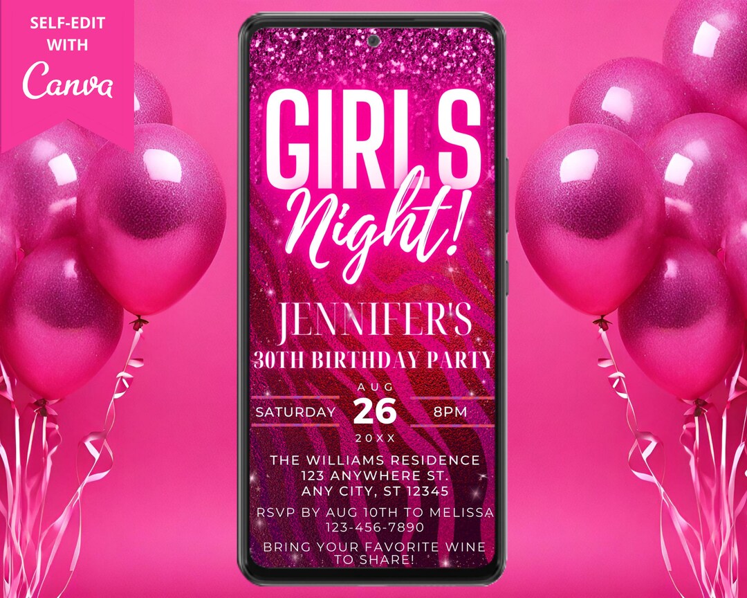 Digital Girls Night Pink Neon Animal Print Glitter Birthday Party ...