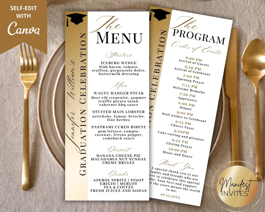 Editable Elegant White Gold Graduation Menu Program & Thank You Card ...