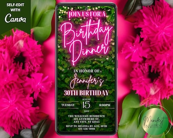 Digital Birthday Dinner Pink Neon Greenery Party Invitation, For Her, Electronic Phone Text Evite, Editable Canva Template, Instant Download