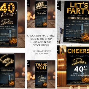 K&ouml;nnte beinhalten: Ein Satz druckbarer Einladungen und Schilder f&uuml;r eine 40. Geburtstagsfeier. Das Design verf&uuml;gt &uuml;ber einen schwarzen Hintergrund mit goldenem Text und Akzenten. Der Text beinhaltet "Let's Party", "Cheers", "Save the Date", "Thank You" und "Derek's 40th Birthday Celebration".