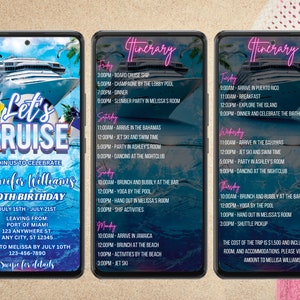 Digital Tropical Cruise Birthday Itinerary Invitation, Electronic Phone Text Message Evite, 7 Day Trip, Editable Template, Instant Download