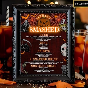 Puede incluir: Un menú de bar con temática de Halloween con el texto "LET'S GET SMASHED" en naranja. El menú enumera cerveza, vino, licores, cócteles exclusivos y opciones sin alcohol. El diseño incluye gráficos de Halloween.