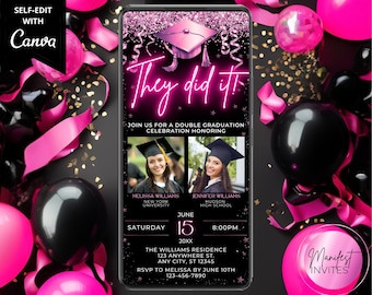 Invitación digital con foto de fiesta de graduación doble en neón rosa, fiesta de graduación para 2 personas, texto telefónico de Evite, plantilla editable, descarga instantánea