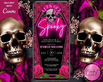 May include: A digital Halloween party invitation on a smartphone screen, featuring a skull, roses, and the words "Let's Get Spooky." The invitation is surrounded by gold skulls and pink roses. The text includes the party's date, time, and location.