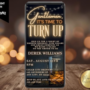 Invitación digital con whisky para despedida de soltero masculino, caballeros presentes, mensaje de texto electrónico para teléfono de Evite, plantilla editable, descarga instantánea, WM42