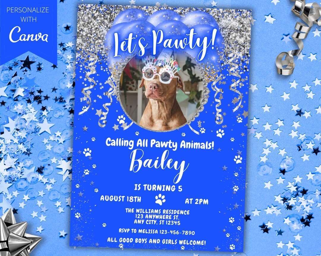 Editable Let's Pawty Boy Dog Birthday Party Glam Photo Invitation, Blue ...