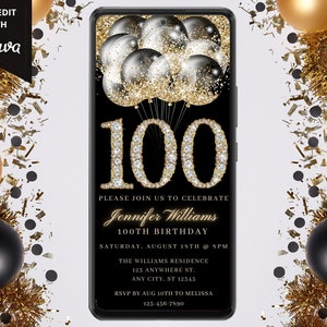 Digital 100th Birthday Party Invitation, Electronic Text Message Evite, Mobile Phone Invite, Black Gold, Editable Template, Instant Download