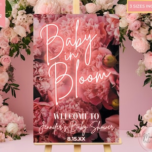 Editable Baby In Bloom Neon Blush Pink Floral Baby Shower Welcome Sign, Printable Baby Girl Shower Sign, Canva Template, Instant Download