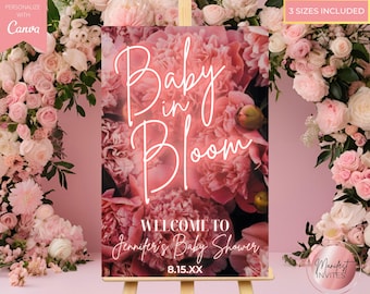 Editable Baby In Bloom Neon Blush Pink Floral Baby Shower Welcome Sign, Printable Baby Girl Shower Sign, Canva Template, Instant Download