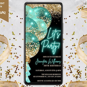 Digital Turquoise Gold Balloons Birthday Party Invitation, Electronic Text Invite, Neon Let&#39;s Party, Editable Template, Instant Download