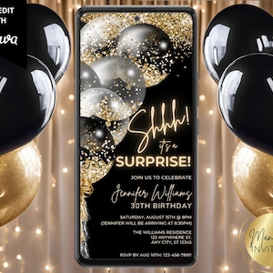 Electronic Shhh It&#39;s a Surprise Birthday Party Invitation, Black Gold Balloons, Editable Template, Digital Phone Evite, Instant Download