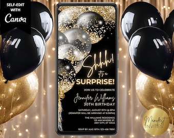 Electronic Shhh It&#39;s a Surprise Birthday Party Invitation, Black Gold Balloons, Editable Template, Digital Phone Evite, Instant Download