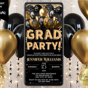 Invito digitale per festa di laurea, palloncini glitterati neri e oro, annuncio di laurea, invito tramite SMS telefonico, modello modificabile, download immediato