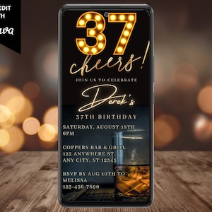 Electronic Men&#39;s 37th Birthday Party Invitation, Digital Phone Text Email Evite, Cheers Whiskey, Editable Template, Instant Download, WM42