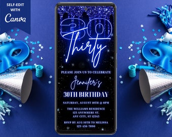 Faire-part de fête numérique 30e anniversaire, message texte électronique Evite, goutte de paillettes bleu néon, modèle modifiable, téléchargement immédiat