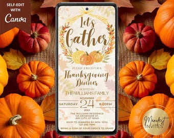 Let's Gather Thanksgiving-Dinner-Einladung, rustikale Kürbis-Herbst-Ernteparty, Telefon Evite, bearbeitbare Vorlage, Sofort-Download