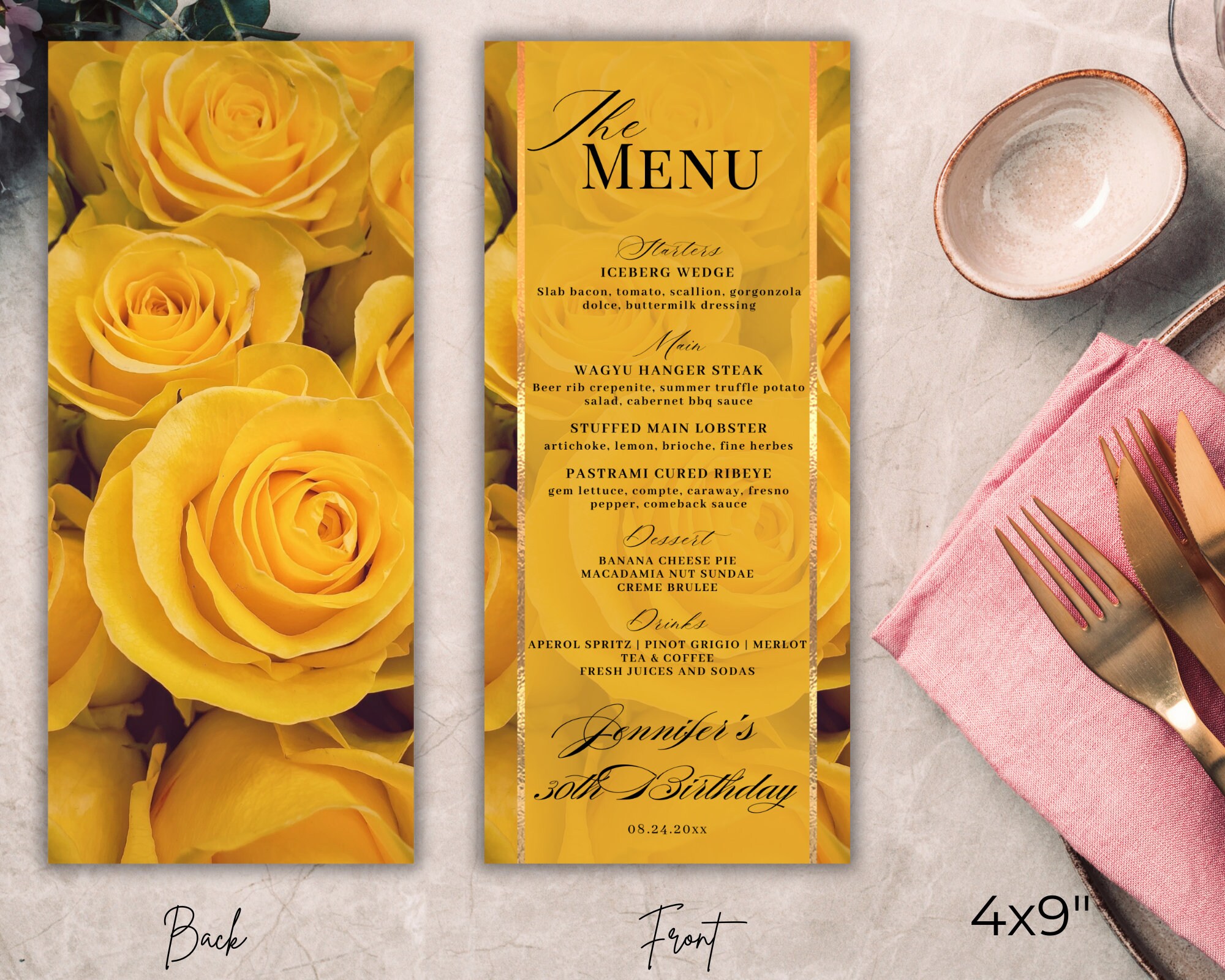 Editable Yellow Floral Dinner Menu Card Template, Printable Event Menu ...