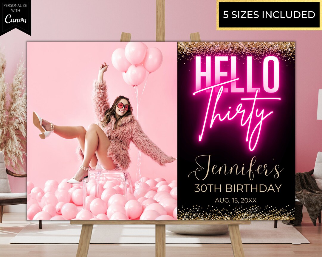 Editable Hello Thirty 30th Birthday Photo Template Welcome Sign, Pink ...