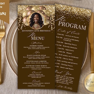 Modelo editável do Canva para menu, programa e cartão de agradecimento com foto, itinerário e cronograma de aniversário, com balões dourados e marrons com glitter.