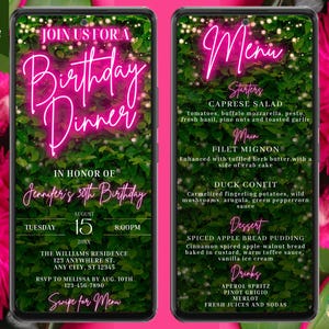 Convite para festa de jantar de aniversário digital e cartão de menu, texto eletrônico Evite, vegetação neon rosa, modelo editável do Canva, download instantâneo